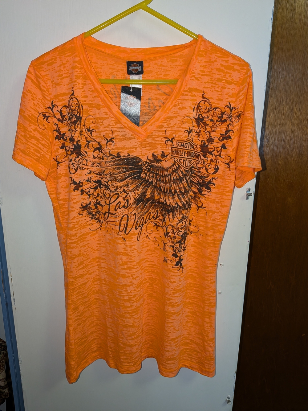 Harley-Davidson Las Vegas Orange Burnout Rhinestone V-Neck Tee Burnout